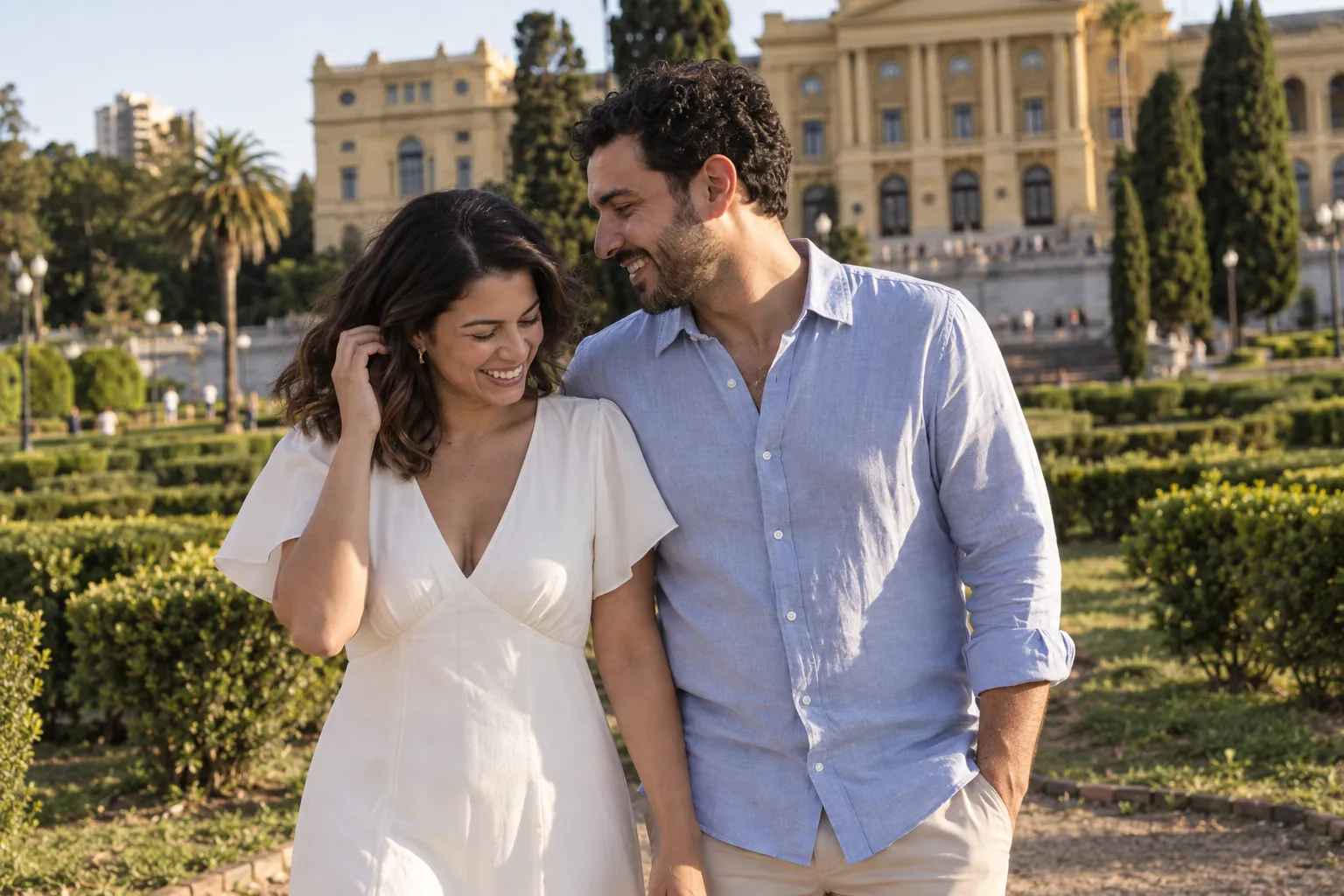 Casal rindo junto durante um ensaio pré-wedding, no fim da tarde